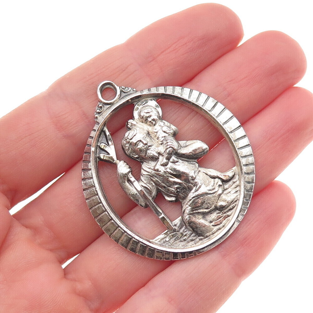 Creed 925 Sterling Silver Antique Art Deco St. Christopher Oxidized Pendant
